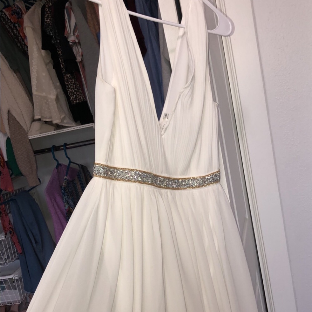 white long dress with a bling belt